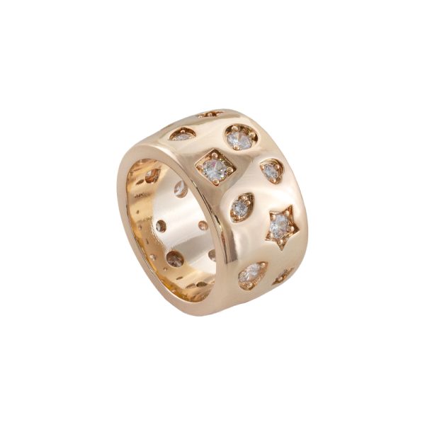 Splash metallic rose gold wide ring with white zircons