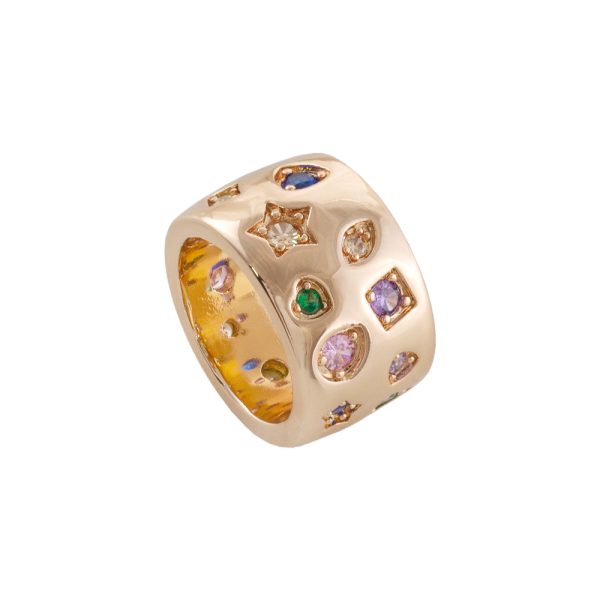 Splash metallic rose gold wide ring with colorful zircons