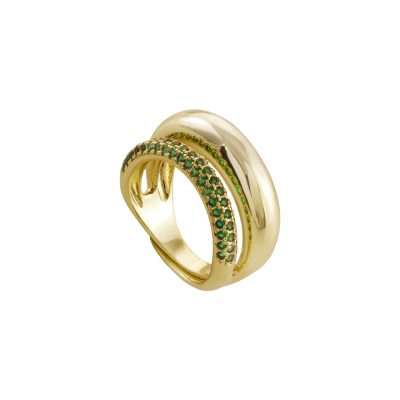 Δαχτυλίδι Twist μεταλλικό επίχρυσο με πράσινα ζιργκόν 1 cm