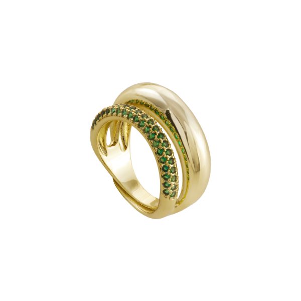Twist metal ring gold-plated with green zircons 1 cm