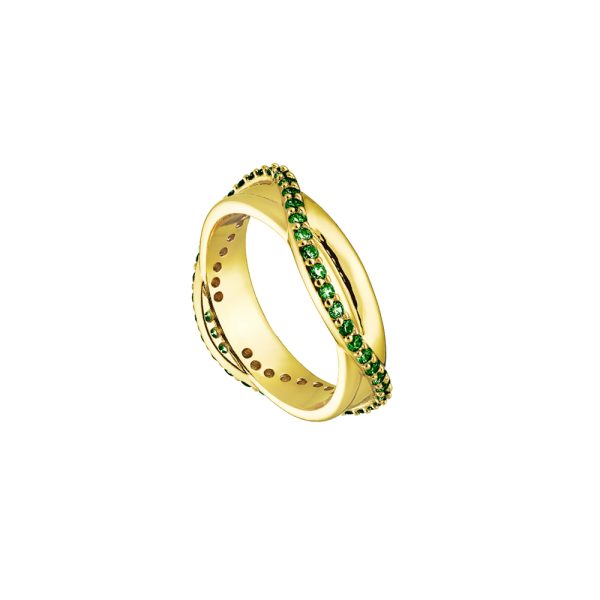 Twist metal ring gold-plated with green zircons 0.5 cm