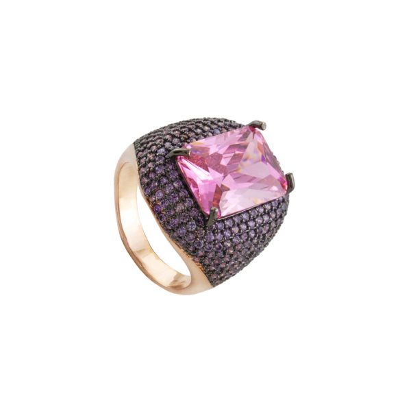 Kate gun metal ring with rectangular pink crystal and purple zircon