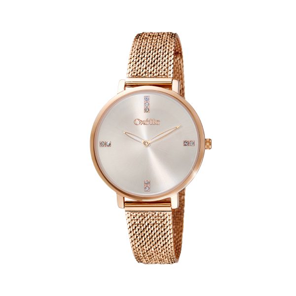 Perfume watch with rose gold steel bracelet and silver dial