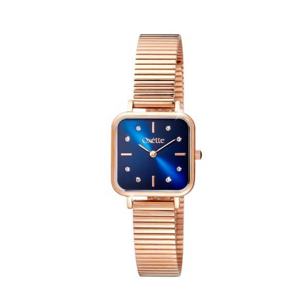 Tiny watch with rose gold steel bracelet and blue dial