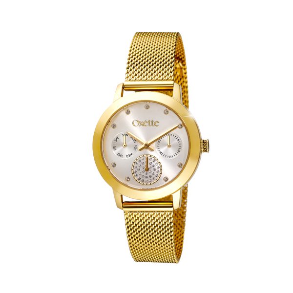 North watch with gold plated steel mesh band and silver dial