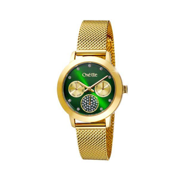 North watch with gold-plated steel mesh band and green dial