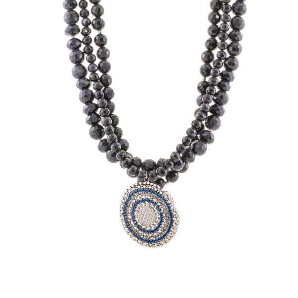 Bohemian silver necklace with blue glittered stones and blue and white zircons