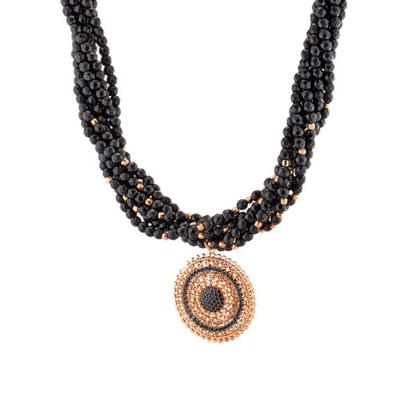 Bohemian silver rose gold necklace with black stones and black zircons