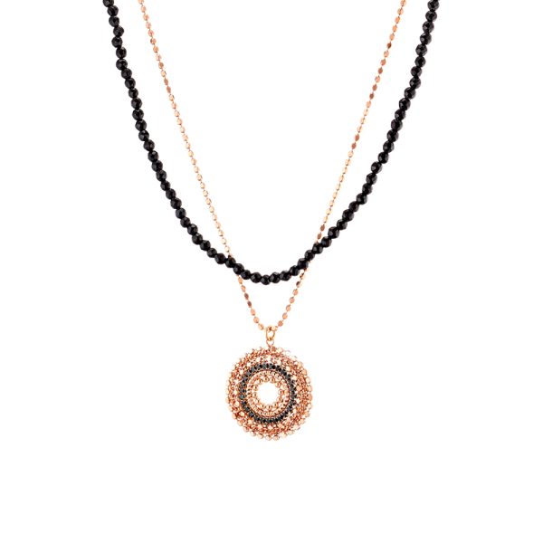 Bohemian silver rose gold double necklace with black stones and black zircons