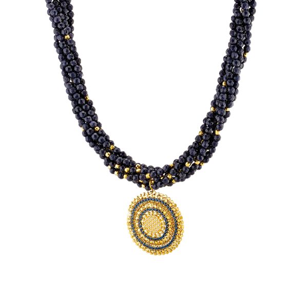 Bohemian silver gold-plated necklace with black stones and blue zircons