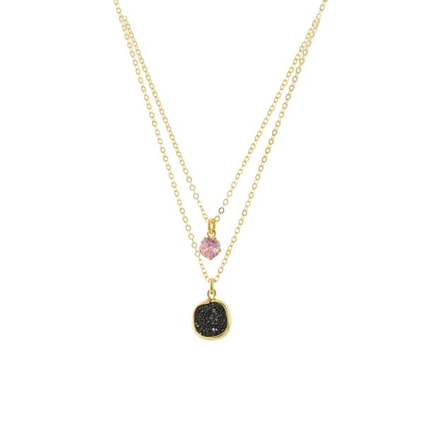 Antoinette silver gold plated necklace with pink zircon and black crystal nuggets