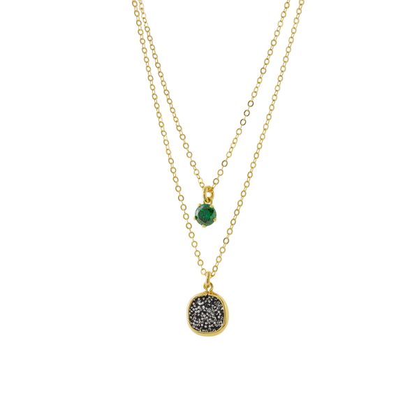 Antoinette silver gold plated double necklace with green zircon and black crystal nuggets