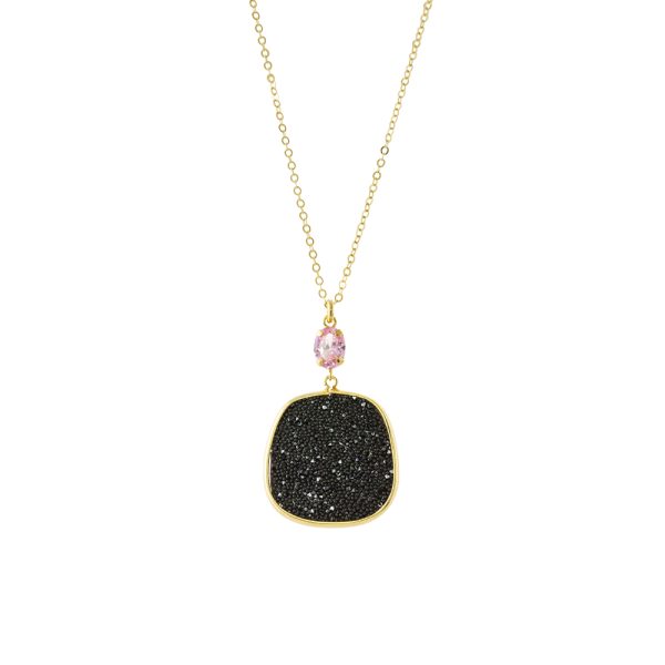 Antoinette silver gold plated necklace with pink zircon and black crystal nuggets