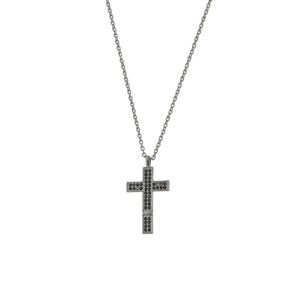 Men's black metal necklace with cross and black crystals