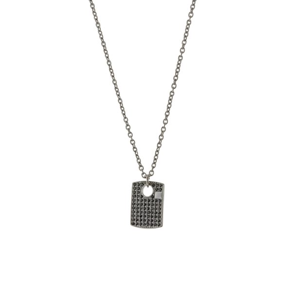 Men's black metal necklace with plaque and black crystals