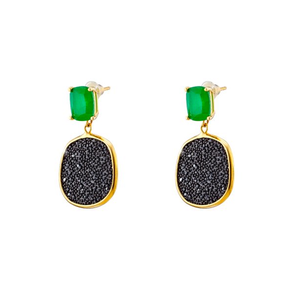 Antoinette silver gold plated earrings with green crystal and black crystal nuggets