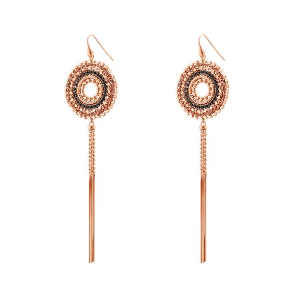 Bohemian silver rose gold earrings with black zircons and chains