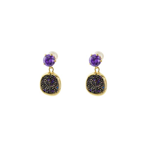 Antoinette Silver Plated Earrings with Purple Zircon and Black Crystal Nuggets