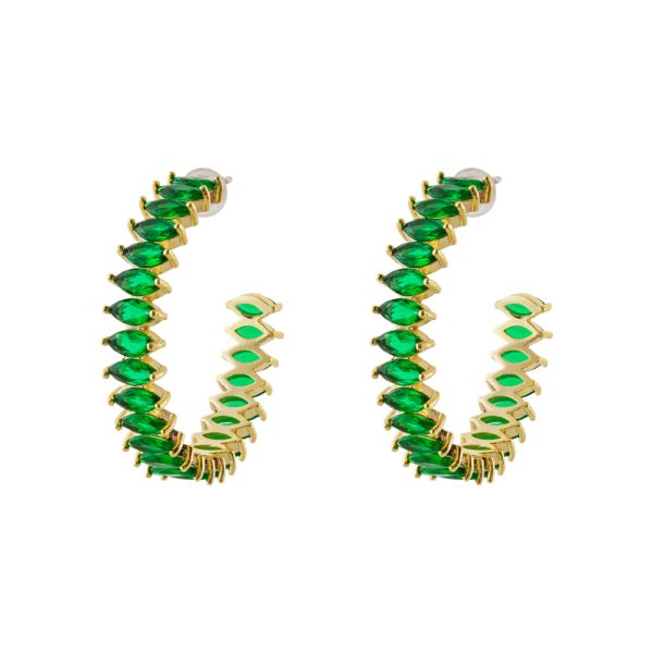Earrings Eleganza metal gold-plated rings with green crystals 3.2 cm