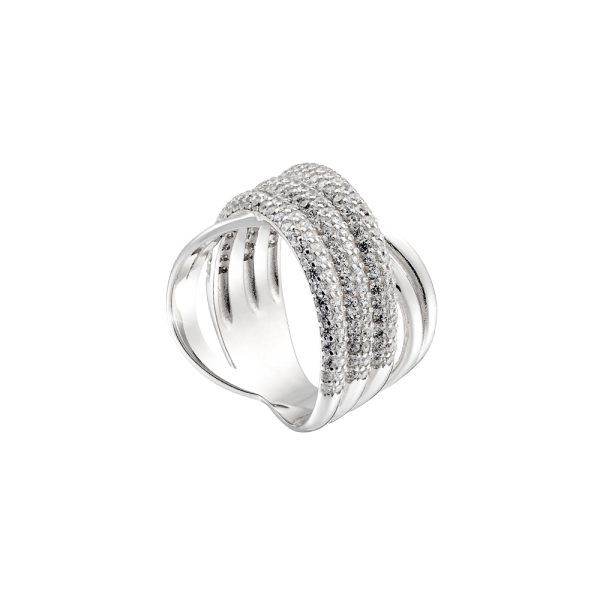 Jazzy silver ring with three rows of white zircons