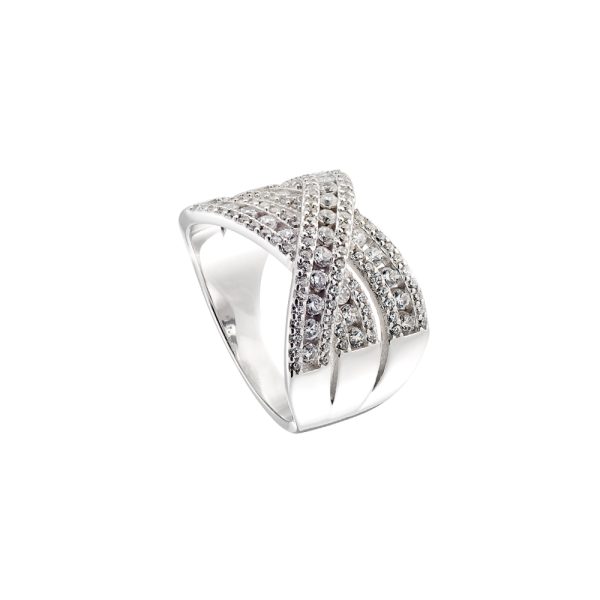 Jazzy silver ring with rows of white zircons