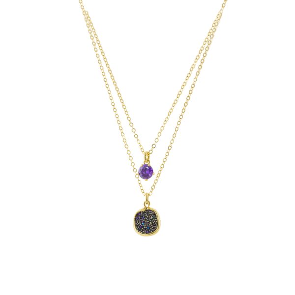 Antoinette silver gold plated double necklace with purple zircon and black crystal nuggets