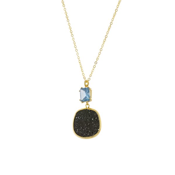 Antoinette silver gold plated necklace with aqua crystal and black crystal nuggets