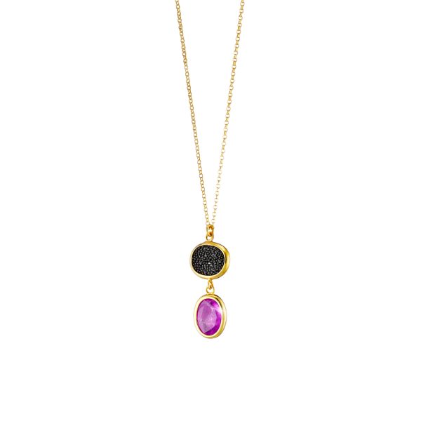 Sunset Bis silver gold plated necklace with crystal nuggets 1.2 cm and fuchsia crystal