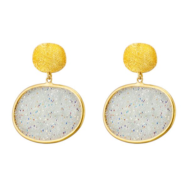Sunset silver gold plated earrings with white crystal nuggets 3.2 cm