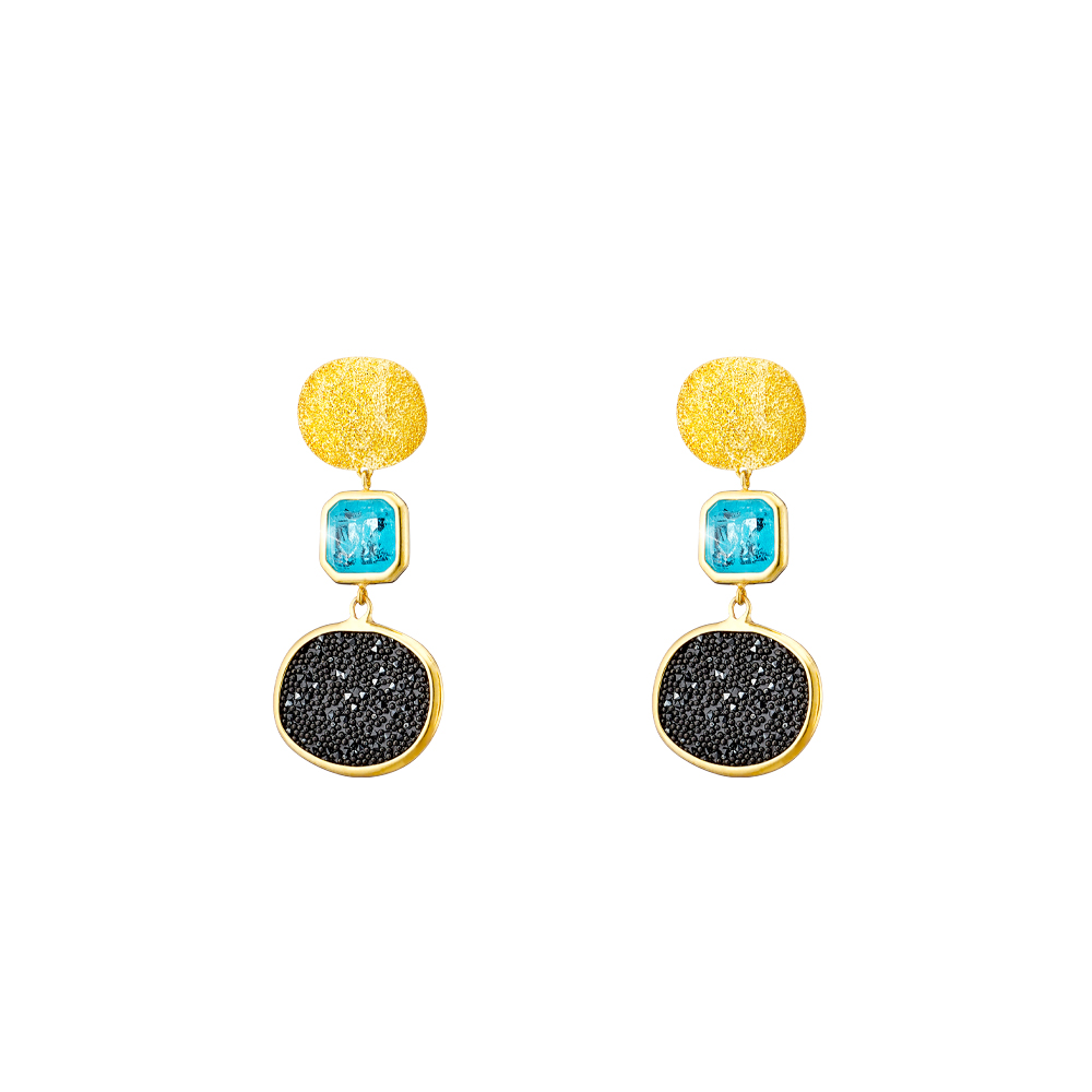 Sunset Bis silver gold plated earrings with 2 cm crystal nuggets and aqua crystal