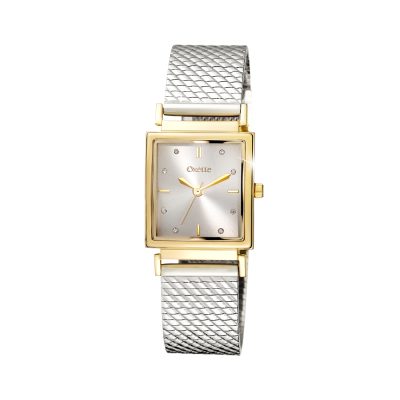 Influence watch with steel mesh band, gold-plated case and silver dial