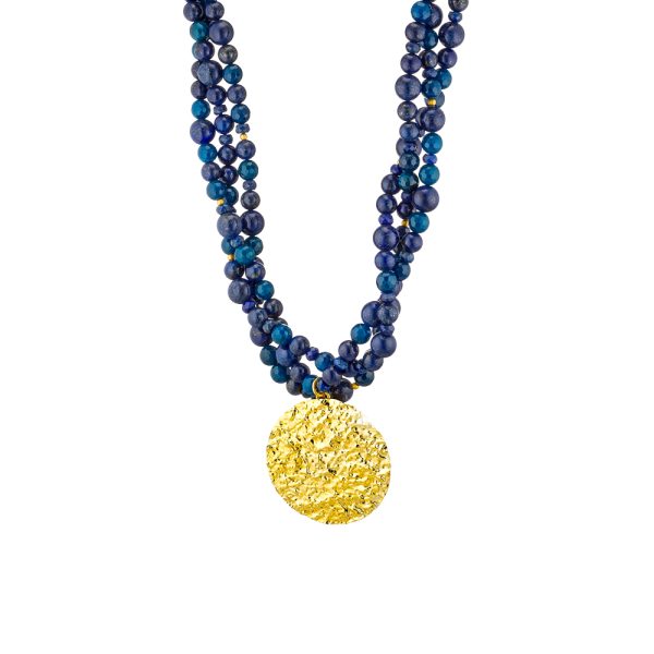 Earth silver gold plated triple necklace with round element and blue stones