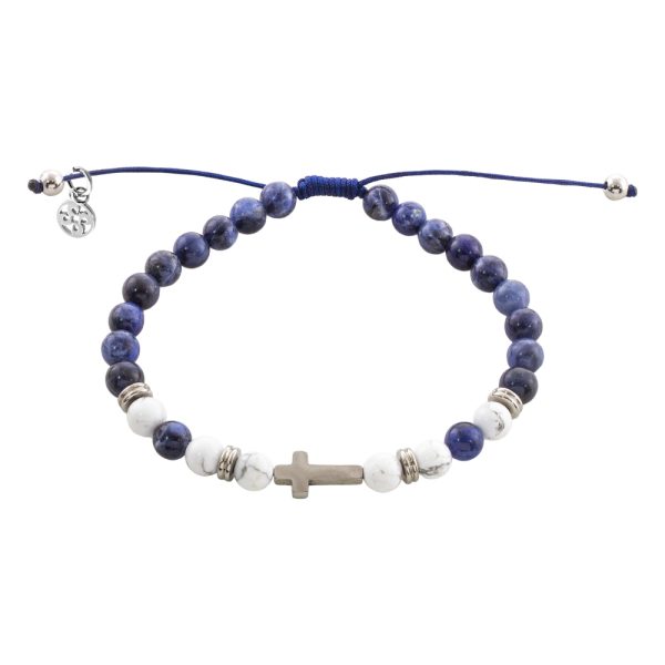 Men's steel macrame bracelet with stones, cross and blue cord