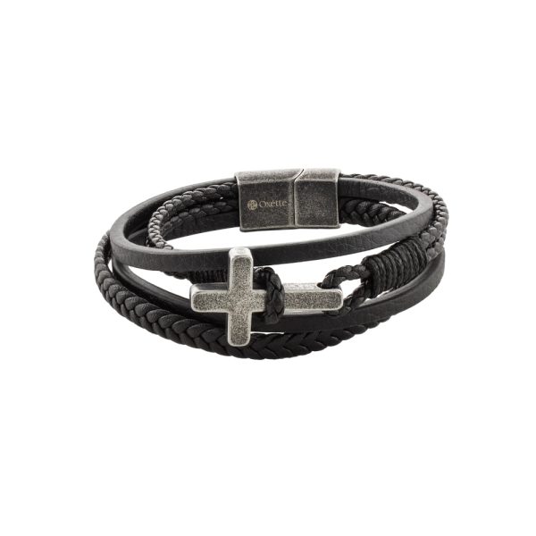 Men's oxidised steel bracelet with black leather and cross