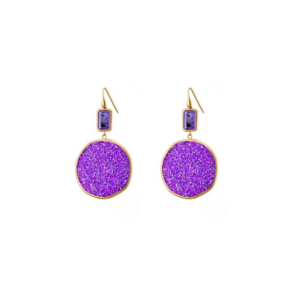 Sunset Bis silver gold plated earrings with purple crystal nuggets 3.2 cm