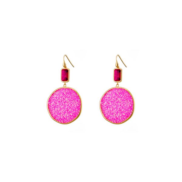 Sunset Bis silver gold plated earrings with pink crystal nuggets 3.2 cm