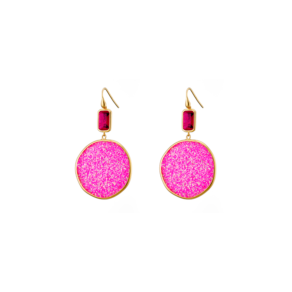 Sunset Bis silver gold plated earrings with pink crystal nuggets 3.2 cm