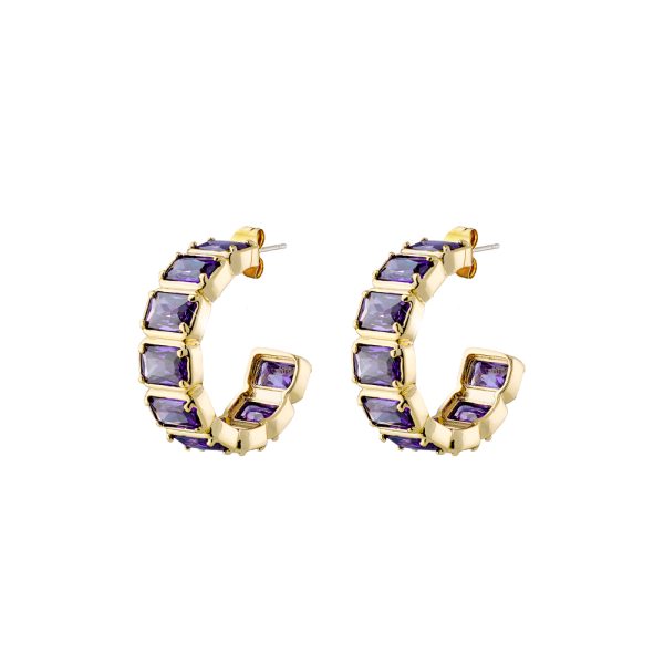 Earrings Urban metal gold-plated hoops with violet zircon 2.2 cm