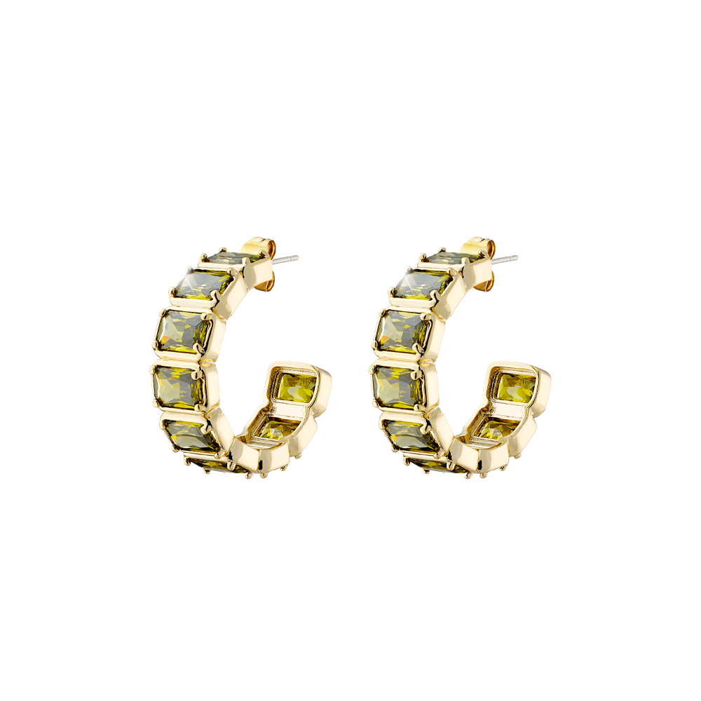 Urban earrings metal gold-plated hoops with green zircons 2.2 cm