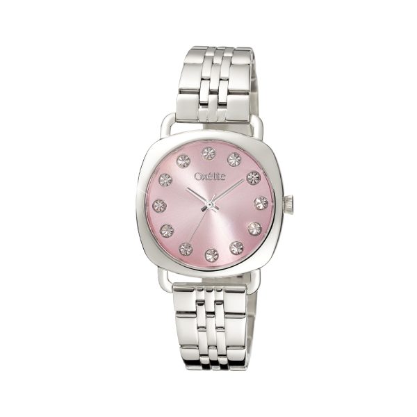 Bombay watch with steel bracelet and pink dial with crystals
