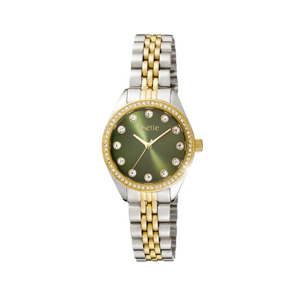 Amalfi watch with two-tone steel bracelet and green dial with crystals