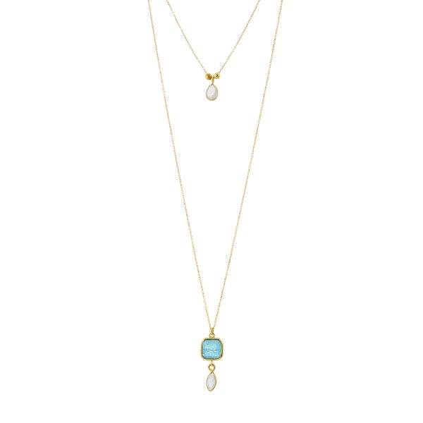 Κολιέ Rock Candy ασημένιο επίχρυσο διπλό με aqua και λευκά κρύσταλλα