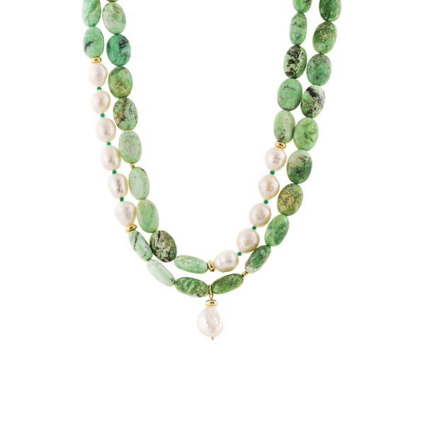 Holiday necklace silver plated double with green stones and pearls
