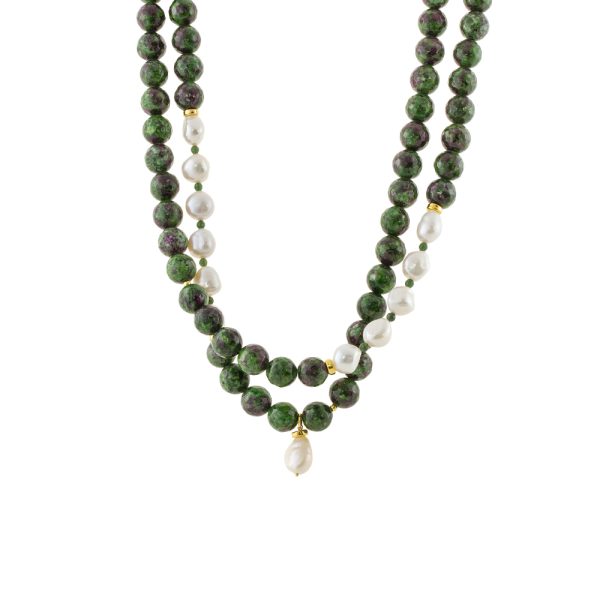 Holiday necklace silver plated double with green stones and pearls