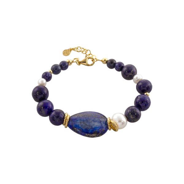 Holiday bracelet, gold-plated silver with blue agate stones and white pearls