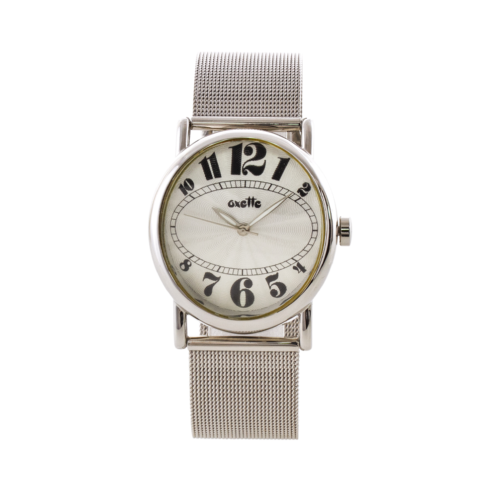 11X03-00772WHITE Ρολόι Oxette με ατσάλινο mesh band και λευκό / μαύρο κυρτό καντράν