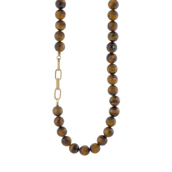 Κολιέ Holiday ασημένιο επίχρυσο με καφέ tiger eye πέτρες και κρίκους