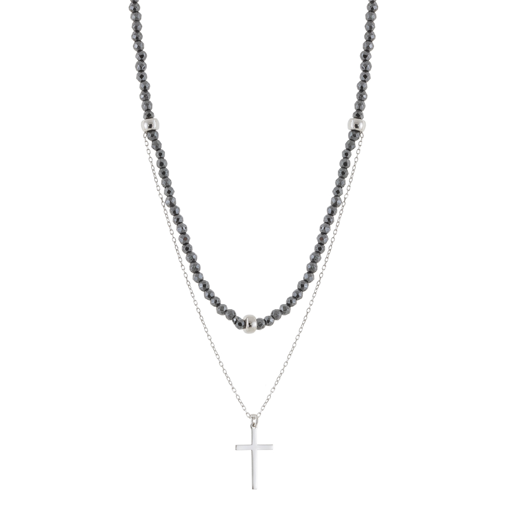 01X01-05653 Κολιέ Gifting Symbols ασημένιο με γκρι πέτρες και σταυρό