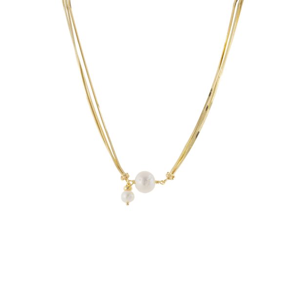 Κολιέ Glow ασημένιο επίχρυσο διπλό με λευκές πέρλες