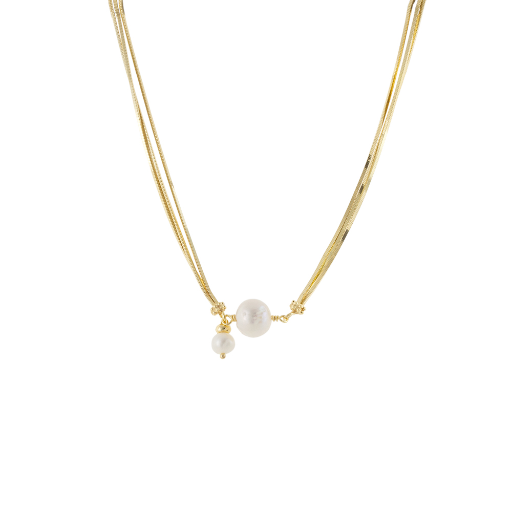 01X05-04022 Κολιέ Glow ασημένιο επίχρυσο διπλό με λευκές πέρλες